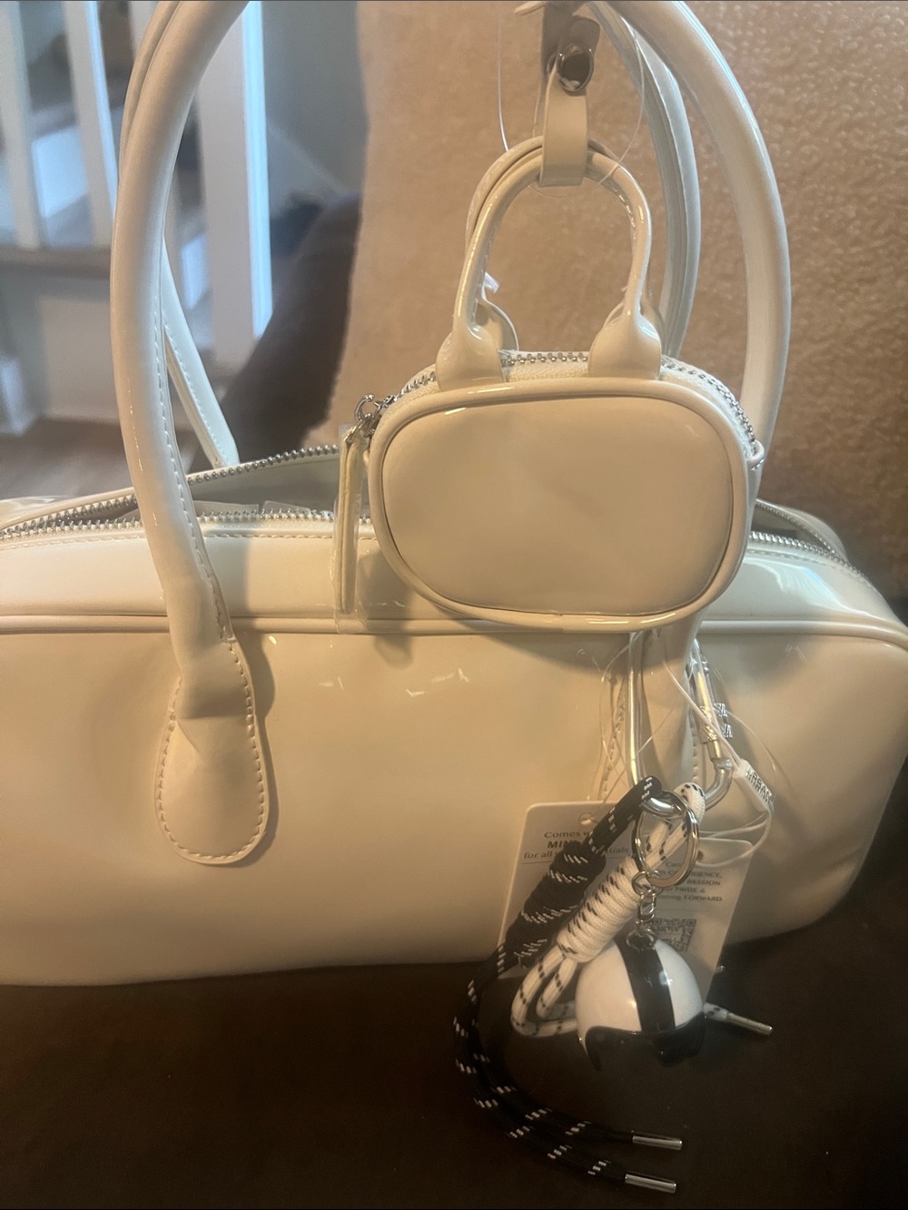Urban Expressions Cream Patent Satchel with Charm Pouch